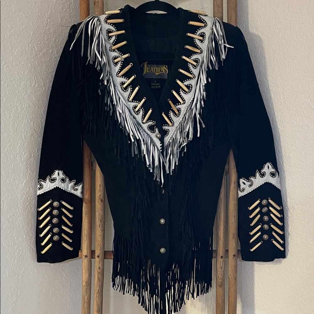 Diamond Leathers Black Jacket with White, Gray and Black Fringe Accents. SIZE 8